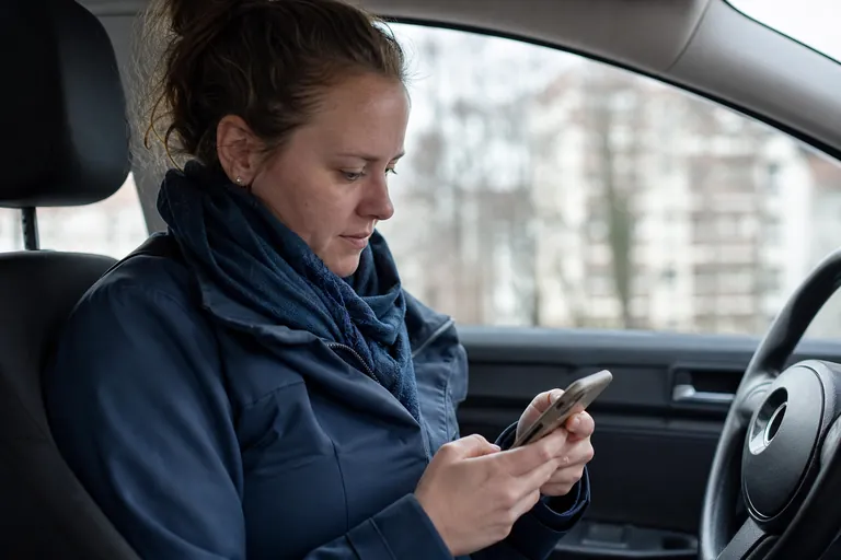 Hebamme prüft im Auto eine Liste offener digitaler Besuchseinträge