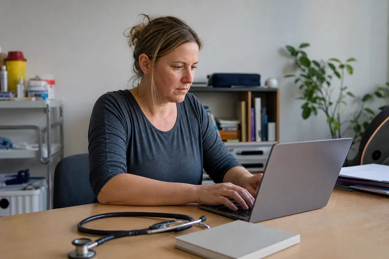 Hebamme bearbeitet eine digitale Patientenakte an ihrem Schreibtisch
