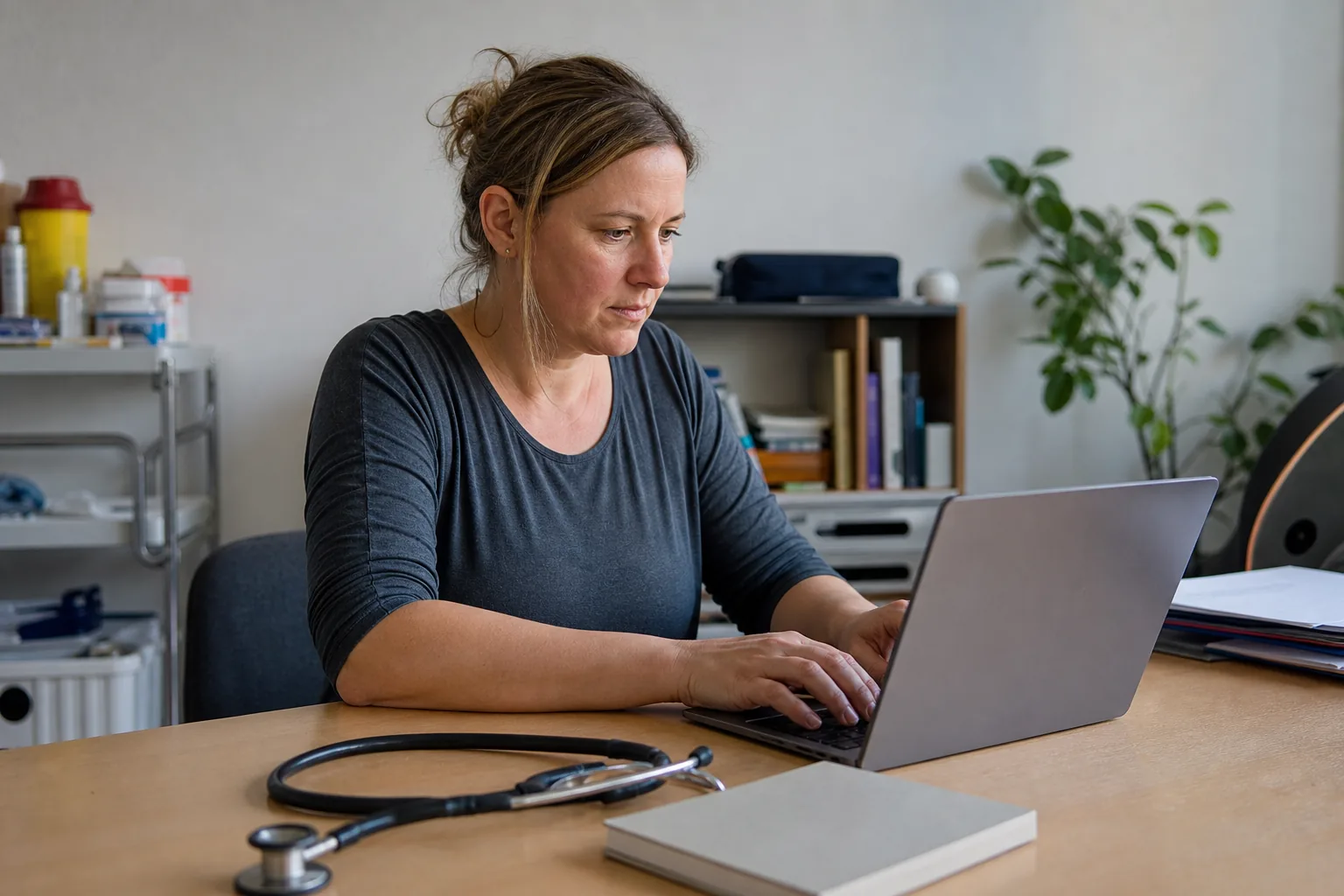 Hebamme bearbeitet eine digitale Patientenakte an ihrem Schreibtisch