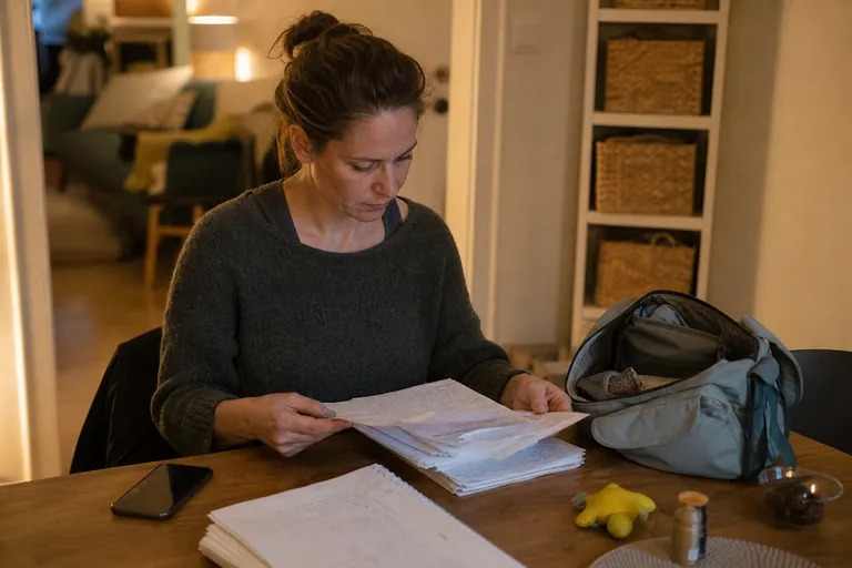 Hebamme sortiert abends handschriftliche Notizen zu Hausbesuchen