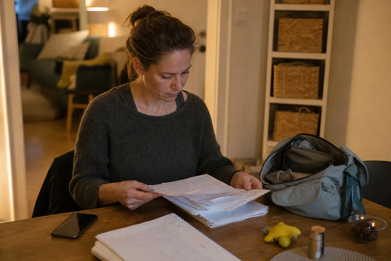 Hebamme sortiert abends handschriftliche Notizen zu Hausbesuchen