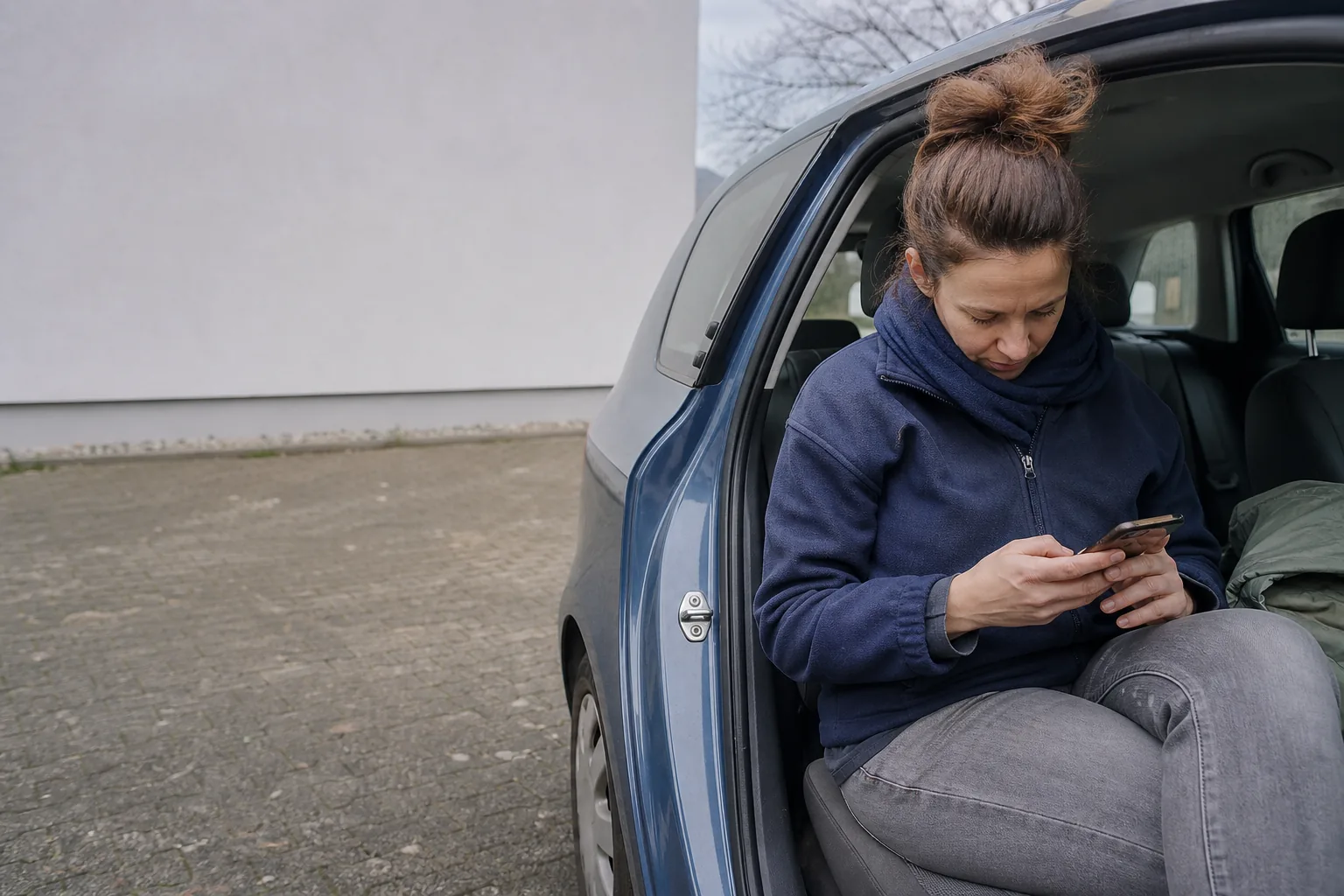 Hebamme dokumentiert einen Hausbesuch auf dem Mobiltelefon im Auto