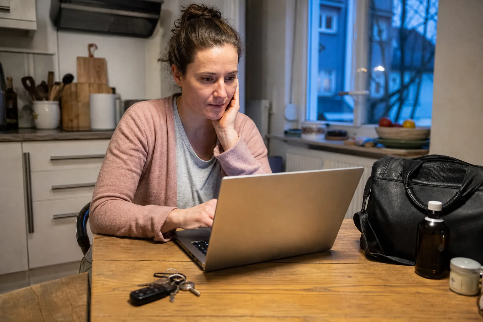 Hebamme prüft geordnete Besuchsvorgänge am Laptop